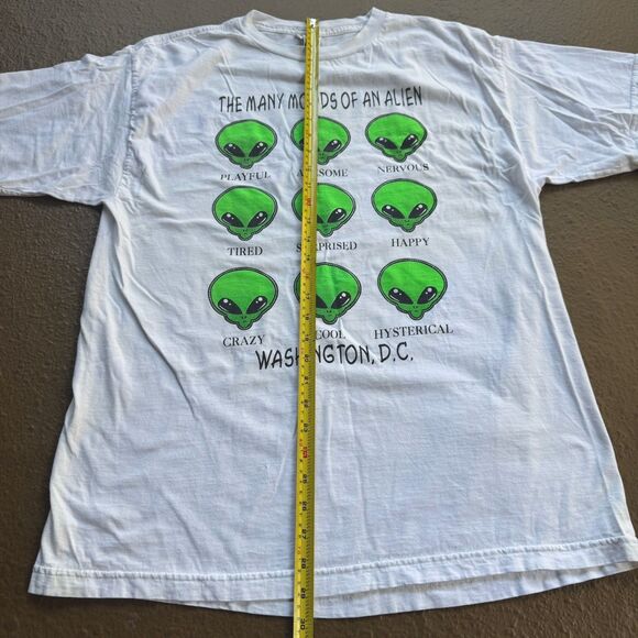 90’s  Aliens Many Faces T-shirt Size XL Funny Joke Humor Vintage White Green - Picture 5 of 10
